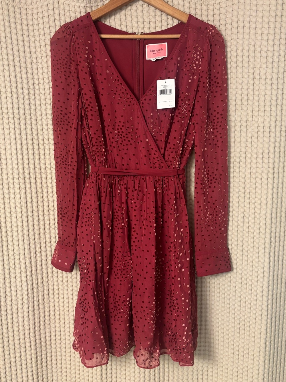 Kate Spade Maroon Festive Confetti Devore Long-Sleeve Mini Dress Size 6 - Picture 5 of 12